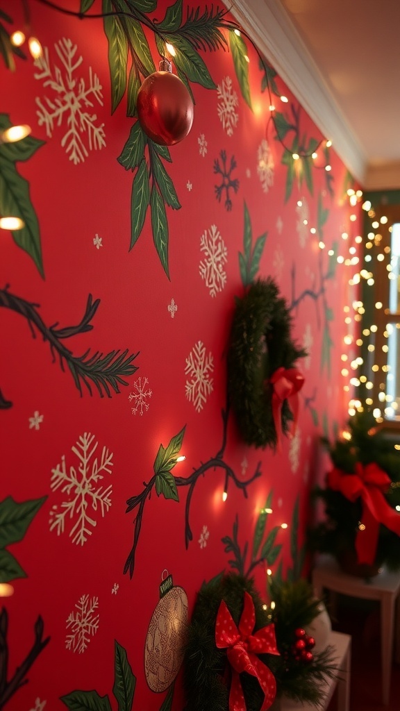 A wall decorated with colorful Christmas wallpaper showcasing snowflakes and ornaments.
